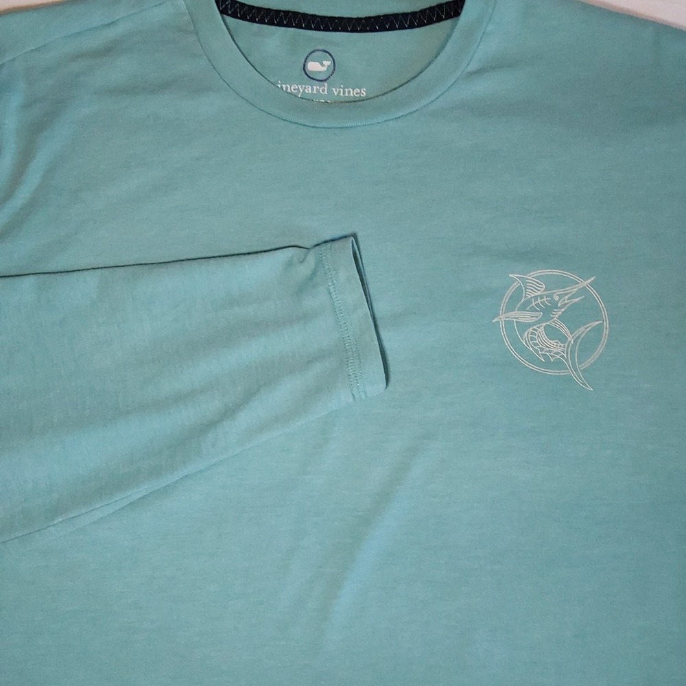 Vineyard Vines Mens Long Sleeve Dunes Fish T-Shirt Teal Blue Green Stretch SZ LG